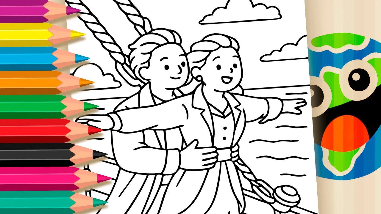 Kawaii style Titanic scene coloring page with a couple on ship bow black and white outline for coloring