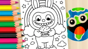 Coloring page Labubu with Hamburger Coloring Page Fun