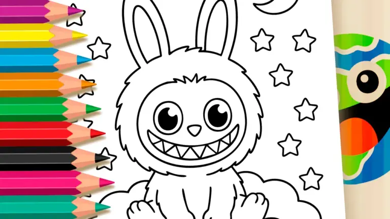 Labubu Sitting on Clouds Theme Coloring Page - Cute & Kawaii Coloring Pages Online