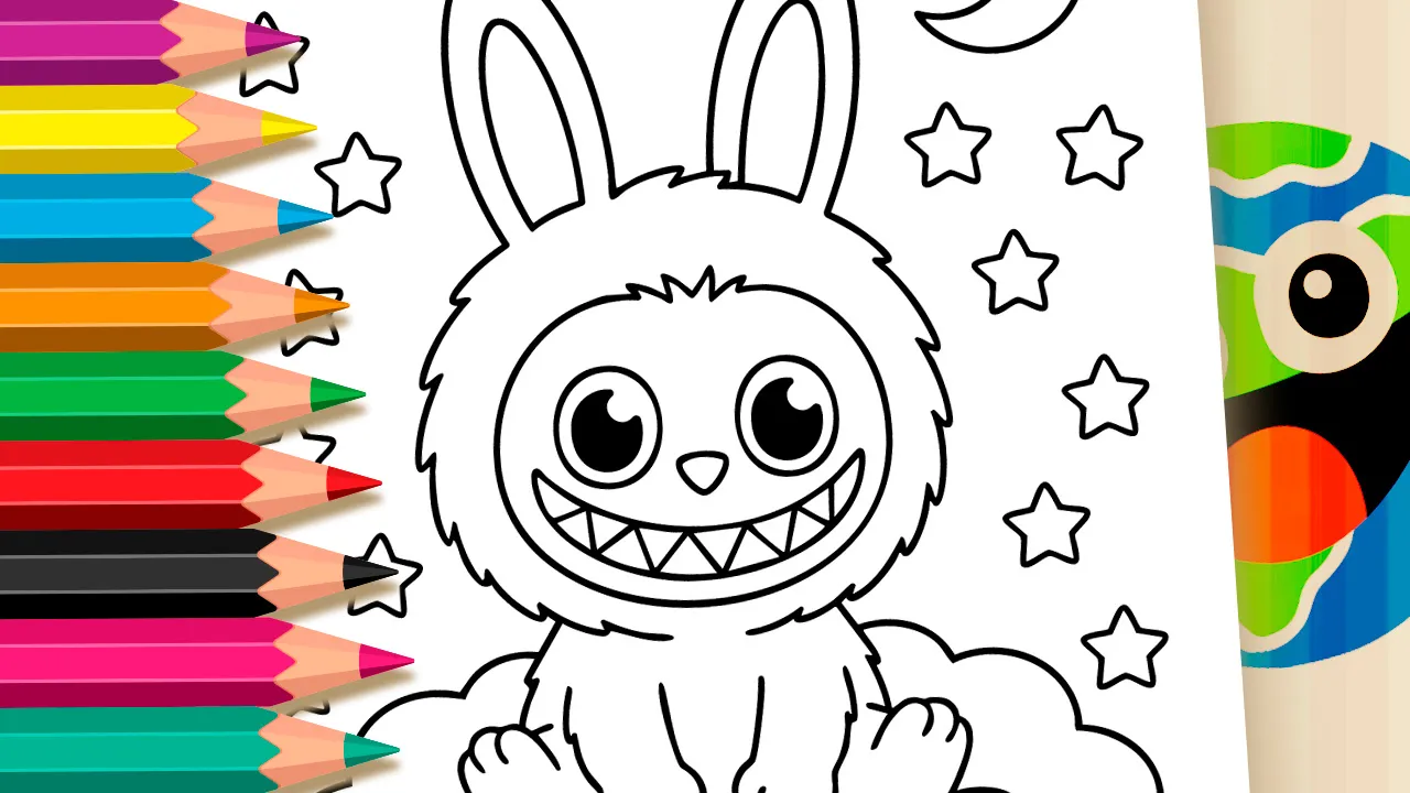 Labubu sitting on fluffy clouds coloring page black and white outline