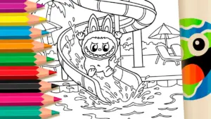 Coloring page Labubu Sliding into Fun: Online Coloring Pages of Toboggan and Pool Adventures