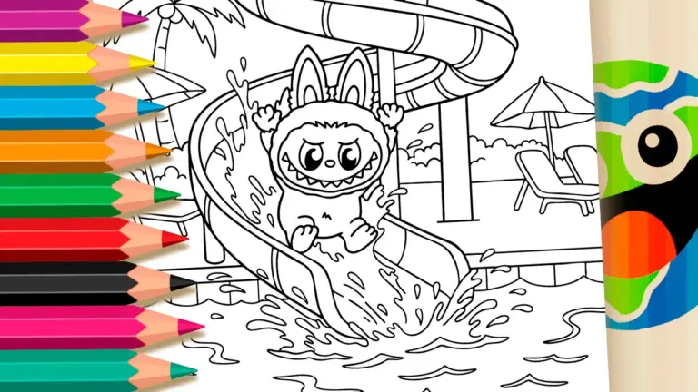 Labubu Sliding into Fun: Online Coloring Pages of Toboggan and Pool Adventures - Famous Characters Coloring Pages