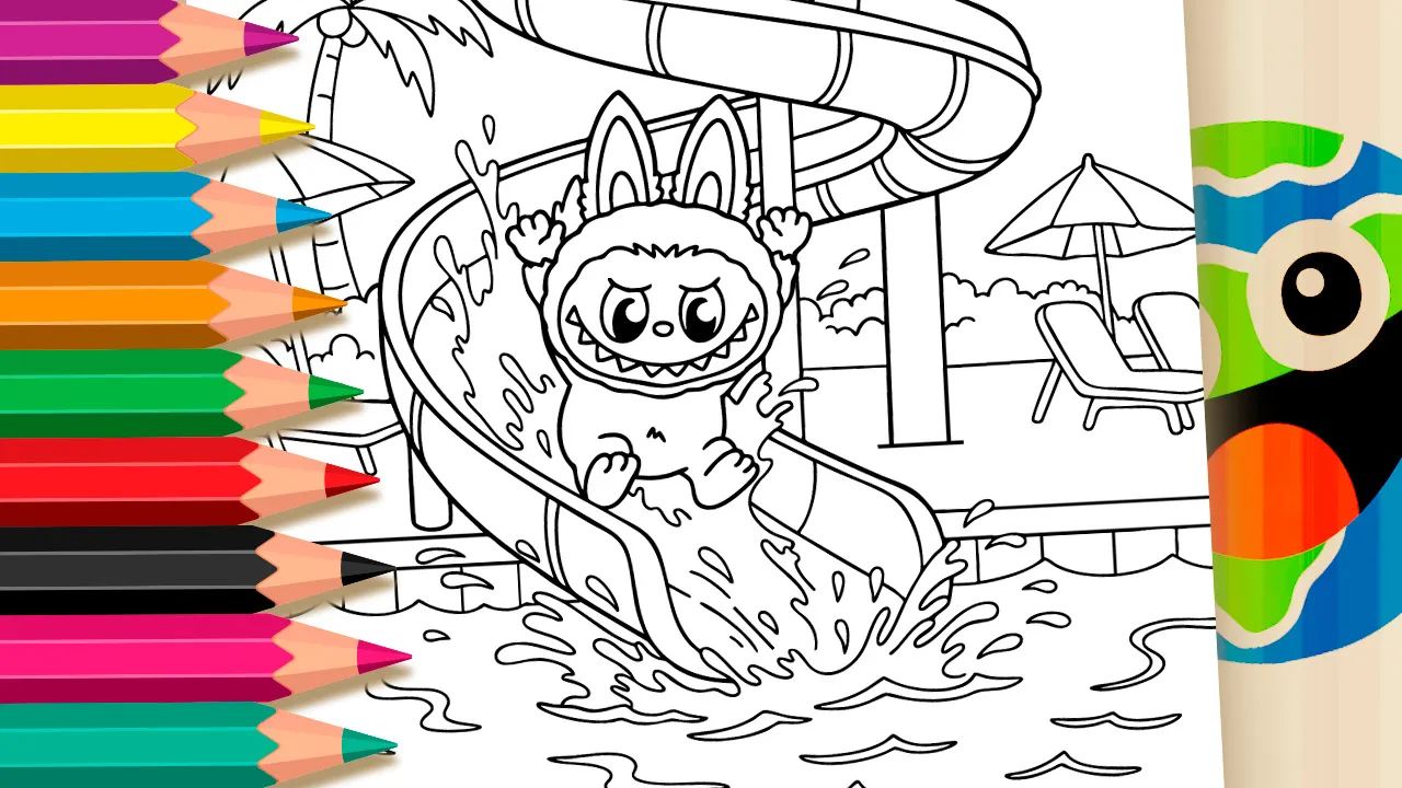 Labubu sliding down a spiral toboggan into a pool coloring page black and white outline