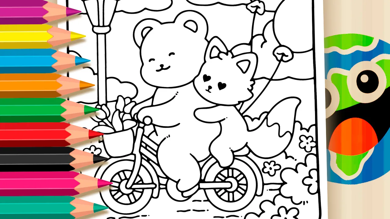 Loving bear and fox couple riding a bicycle in the park coloring page black and white outline