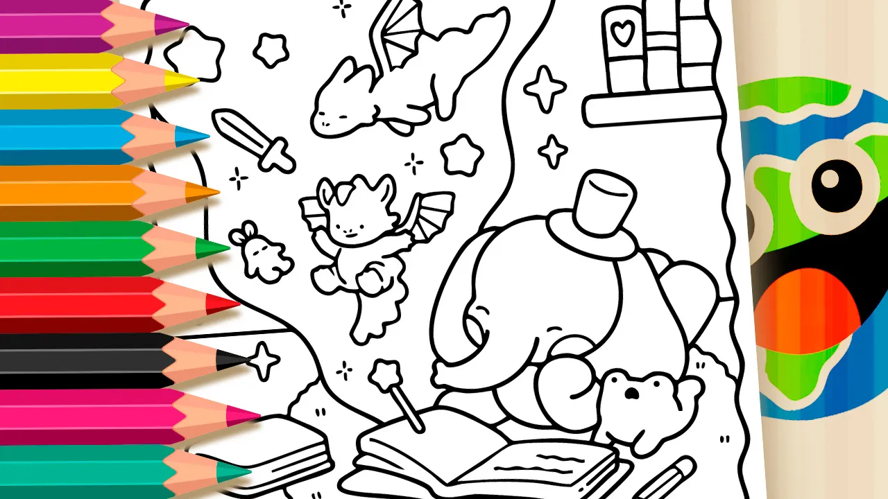 The Magic of Reading coloring page featuring an elephant wearing a top hat and a curious frog captivated by an open book with magical fantasy elements floating out