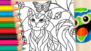 Coloring page Mosaic Cat and Butterfly Theme Coloring Page