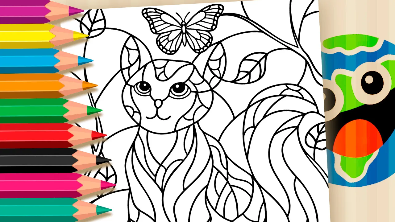 Mosaic Cat and Butterfly Theme Coloring Page
