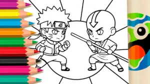 Coloring page Epic Battle Coloring Page: Naruto vs Avatar Aang Chibi Theme Coloring Page