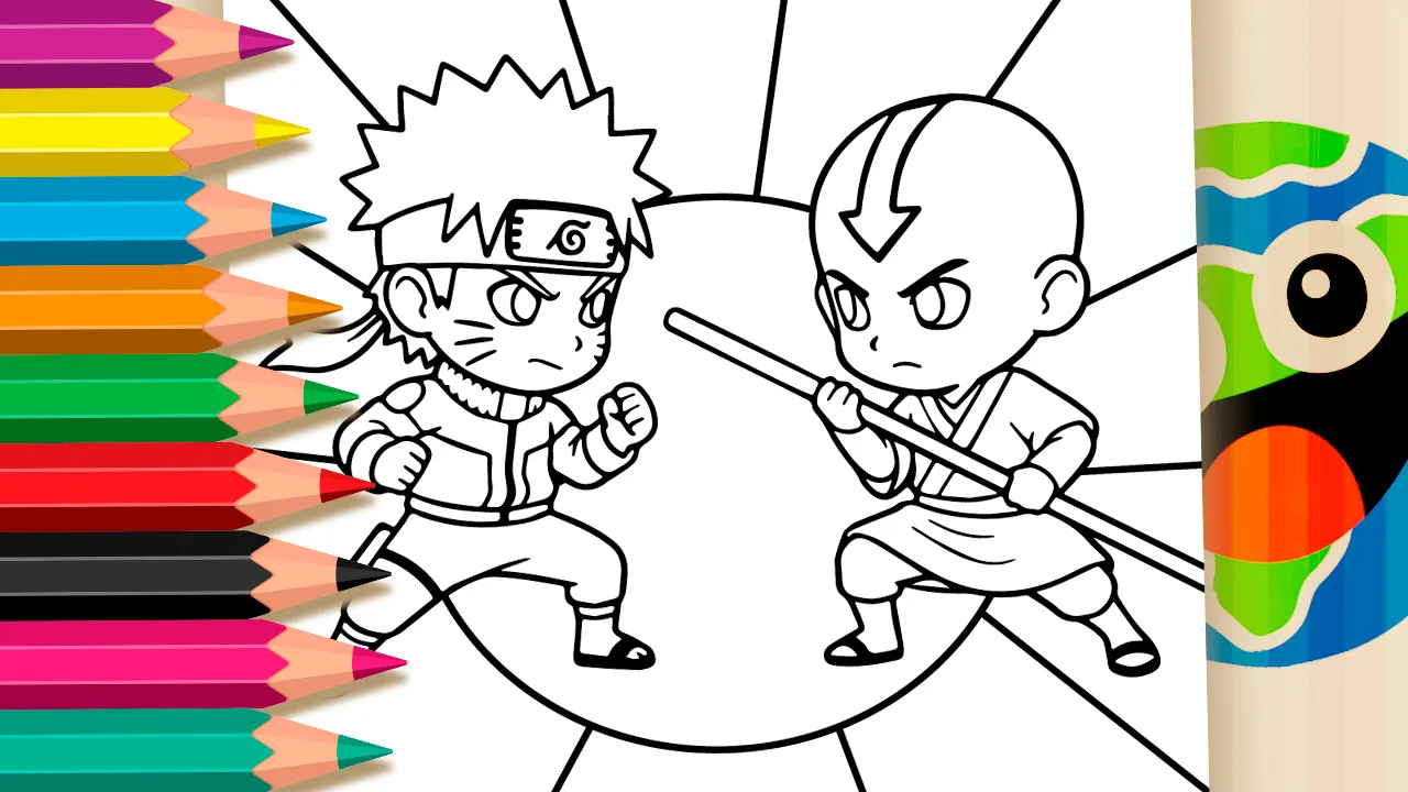 Epic battle coloring page featuring Naruto and Avatar Aang in adorable chibi style black and white outline