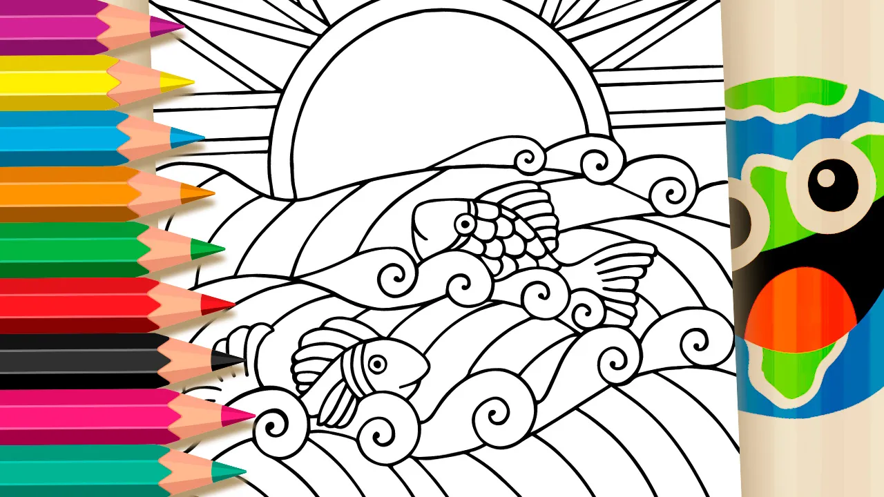 Ocean fish coloring page with joyful fish swimming among artistic waves and a radiant sun outline