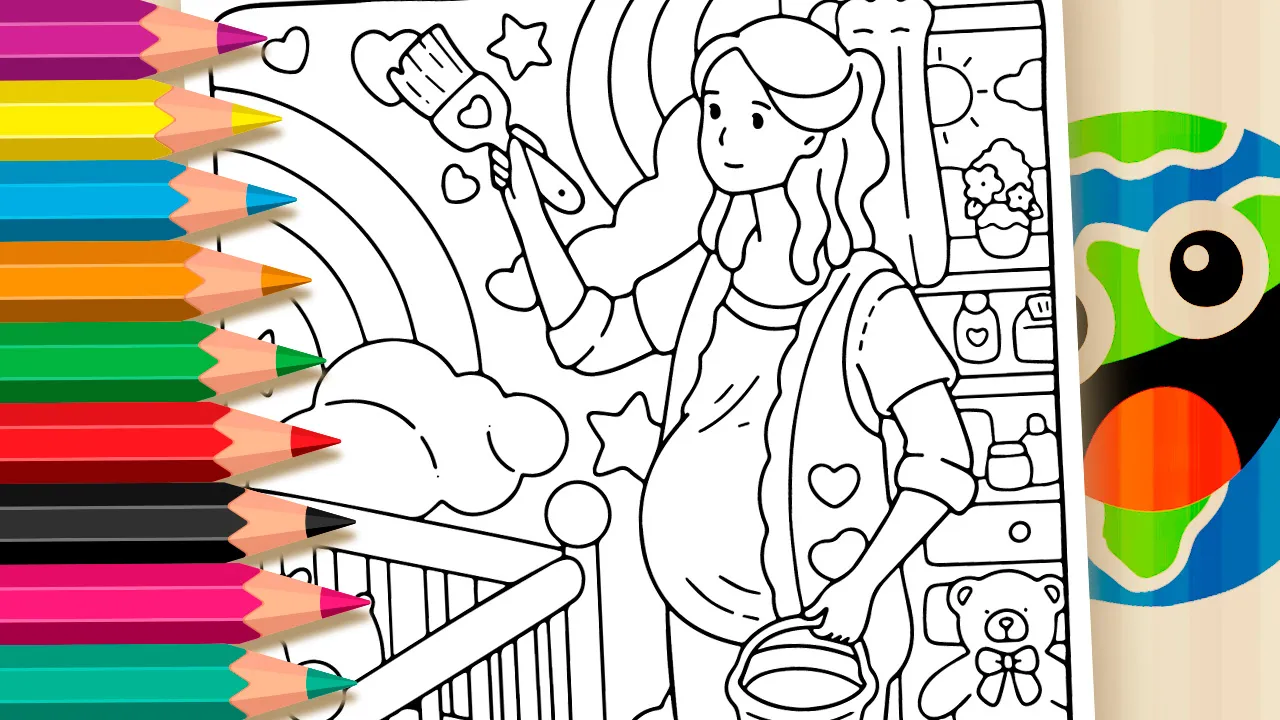 Baby's room painting coloring page black and white outline with mom decorating walls with clouds and hearts