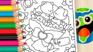 Coloring page Romantic Flower Bouquet with Cute Animals Coloring Page