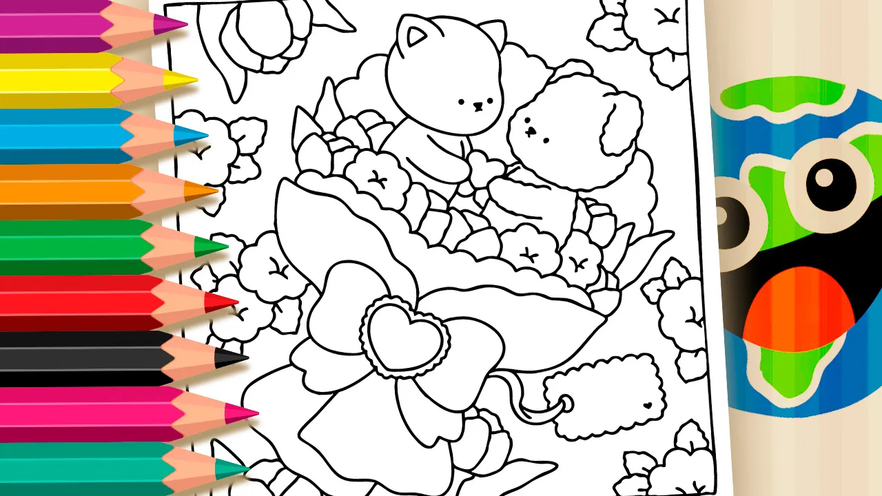 Romantic flower bouquet with cute kitten and teddy bear coloring page black and white outline