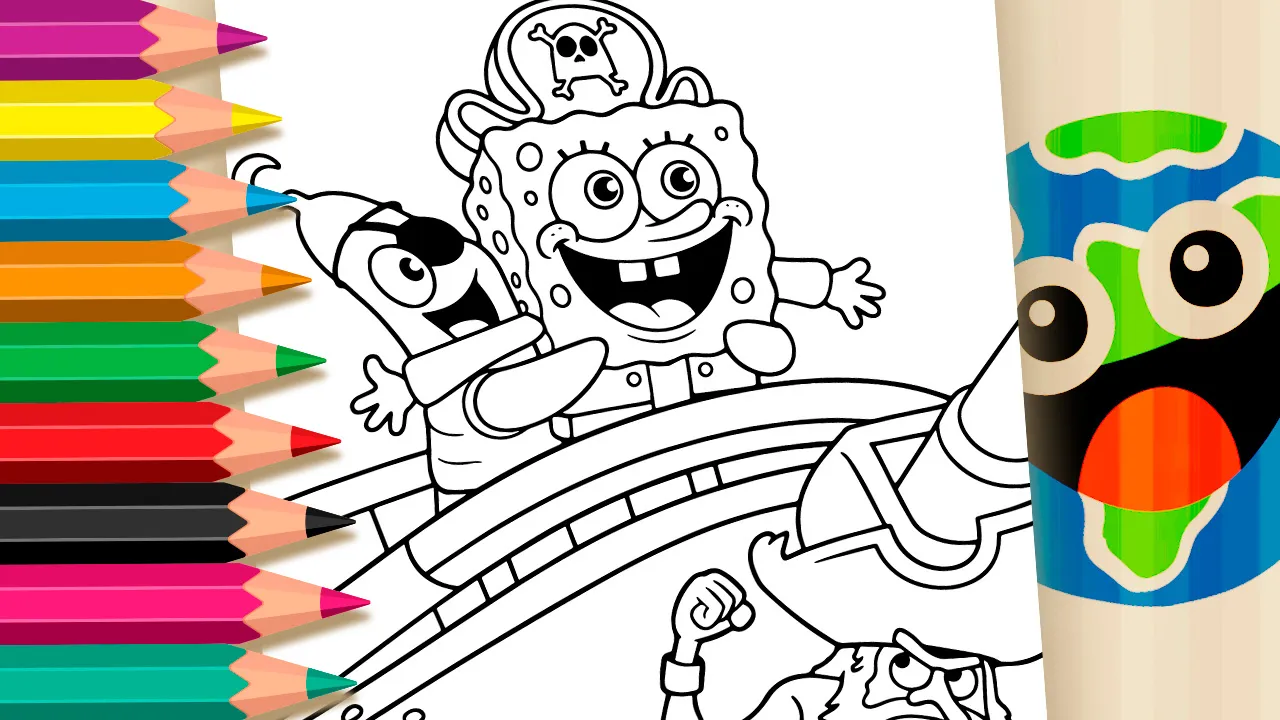 SpongeBob SquarePants and Patrick Star pirate hats laughing on ship deck coloring page with angry ghost pirate in foreground black and white outline
