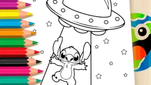 Coloring page Stitch Abducted by a UFO - Fun Theme Coloring Page