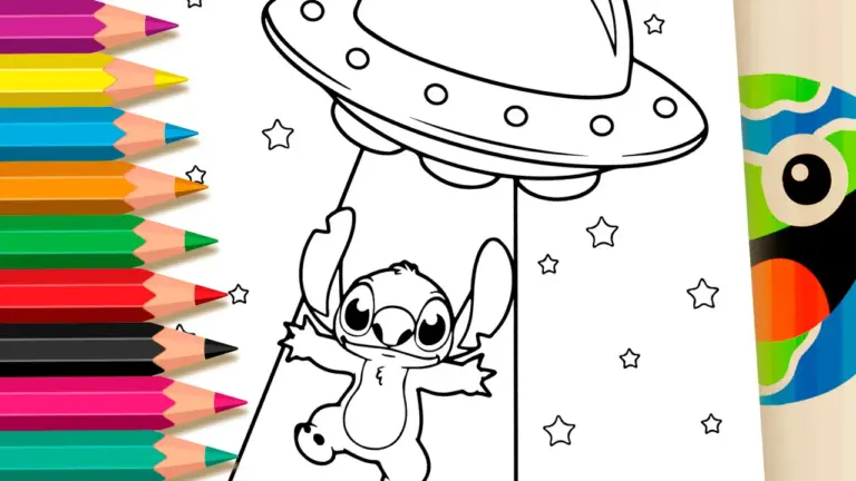 Stitch Abducted by a UFO – Fun Theme Coloring Page - Famous Characters Coloring Pages