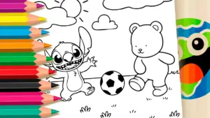 Coloring page Stitch and Bobbie Goods Playing Soccer: Fun Theme Coloring Page