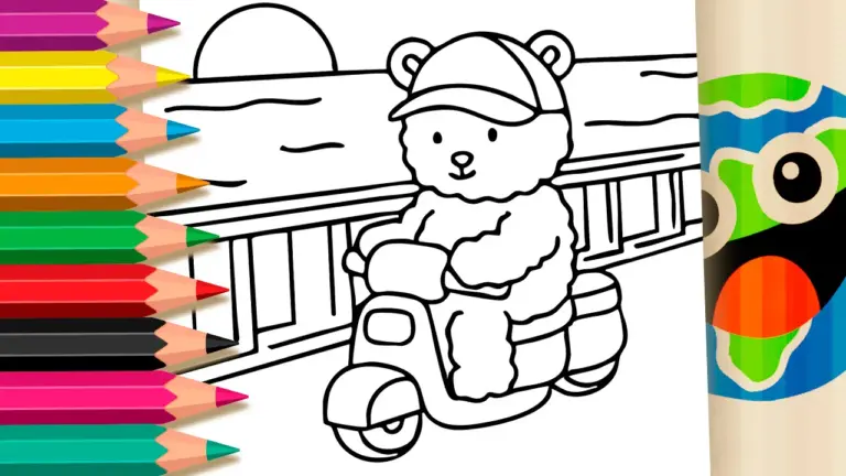 Cute Teddy Bear on a Scooter Coloring Page - Cute & Kawaii Coloring Pages Online