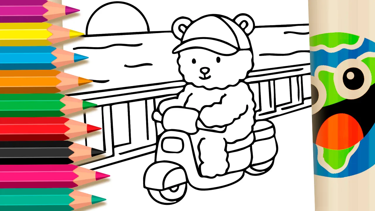 Cute teddy bear riding a scooter by the seaside coloring page with black and white outline