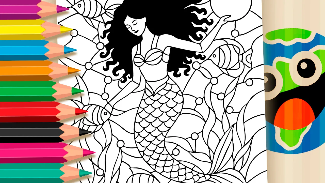 Underwater mermaid mosaic coloring page with intricate scales and ocean friends in black and white outline