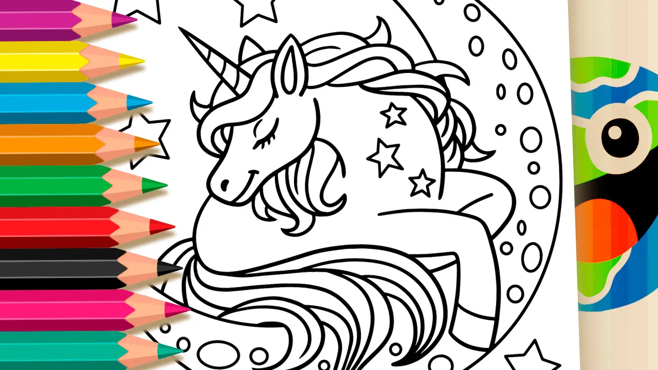 Magical unicorn sleeping on a crescent moon coloring page black and white outline with stars and moon craters