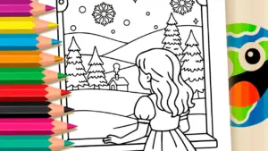Coloring page Winter Window Girl Theme Coloring Page