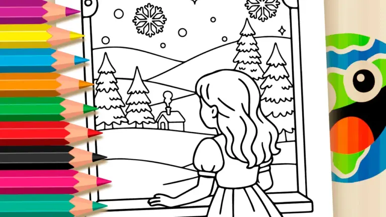 Winter Window Girl Theme Coloring Page - Nature & Landscape Coloring Pages