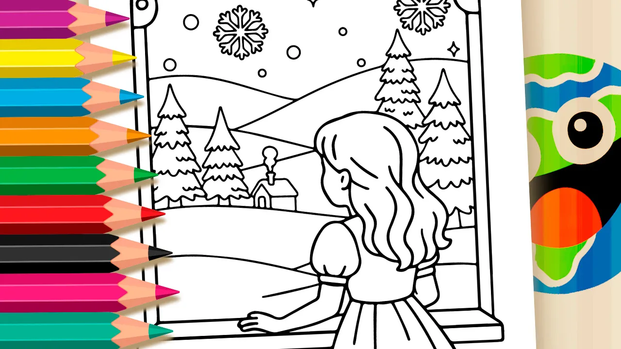 Winter window girl coloring page with snow, black and white outline for coloring and printing