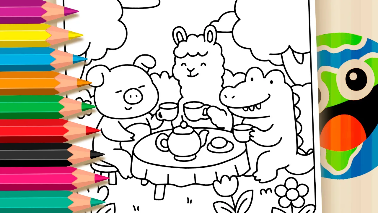 Animal Coffee Break coloring page featuring a pig, sheep, and smiling alligator around a round table with garden background black and white outline