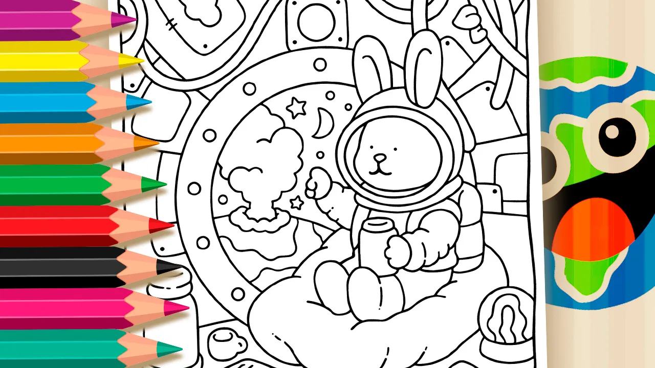 Astronaut bunny peacefully floating in a spaceship cloud holding a mug while Earth explodes outside black and white coloring page outline