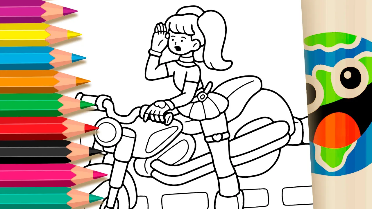 Fearless biker girl riding a motorcycle coloring page black and white outline ready to color