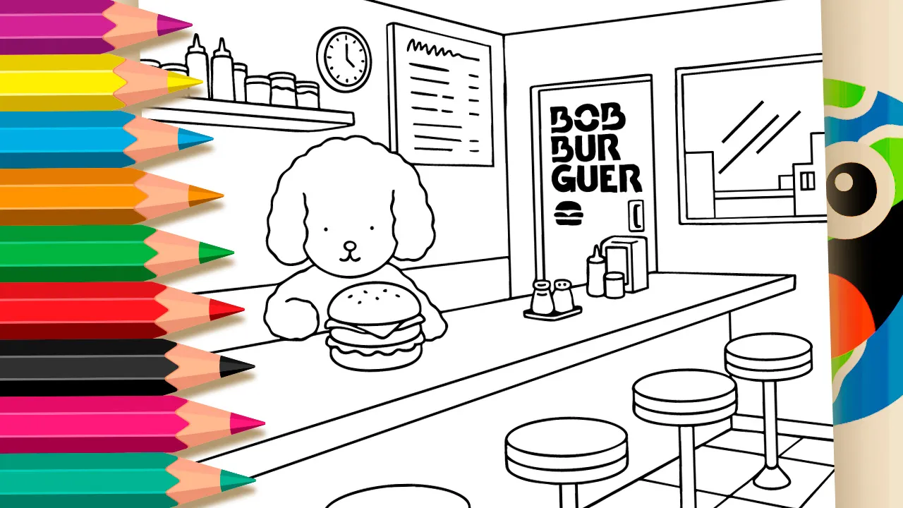 Bob Burger coloring page featuring a cute poodle-like puppy sitting at a diner counter with a large double burger in front, black and white outline ready to color