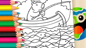 Coloring page Capybara Fishing Theme Coloring Page for Kids