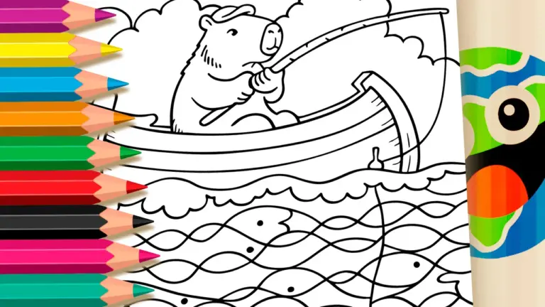 Capybara Fishing Theme Coloring Page for Kids - Nature & Landscape Coloring Pages