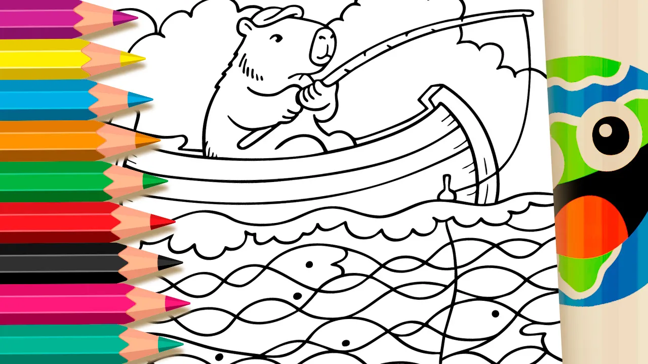 Capybara fishing in a wooden boat coloring page black and white outline