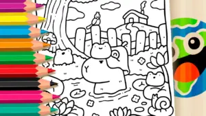 Coloring page Capybara and Frogs at the Lake Coloring Page: Fun Nature Theme to Color Online or Print Free PDF
