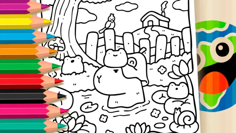 Capybara and Frogs at the Lake Coloring Page: Fun Nature Theme to Color Online or Print Free PDF - Nature & Landscape Coloring Pages
