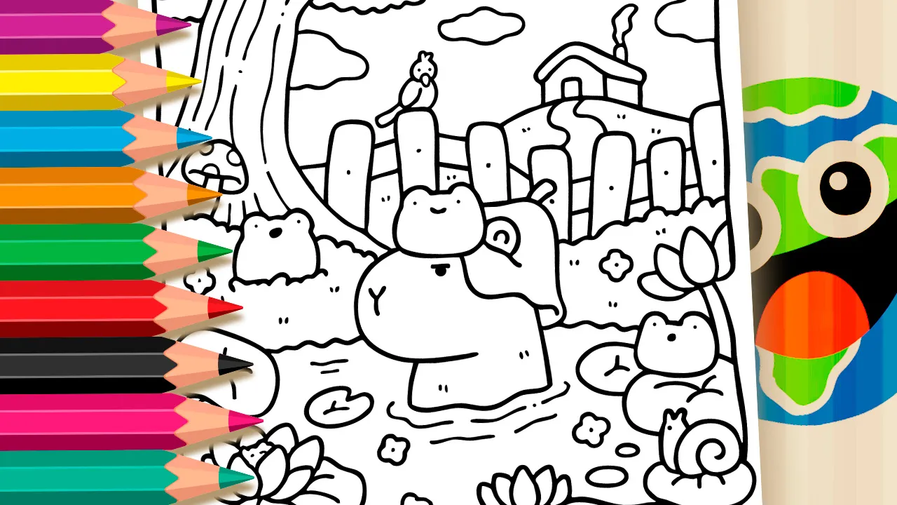 Capybara and frogs at the lake coloring page black and white outline with nature details and friendly animals