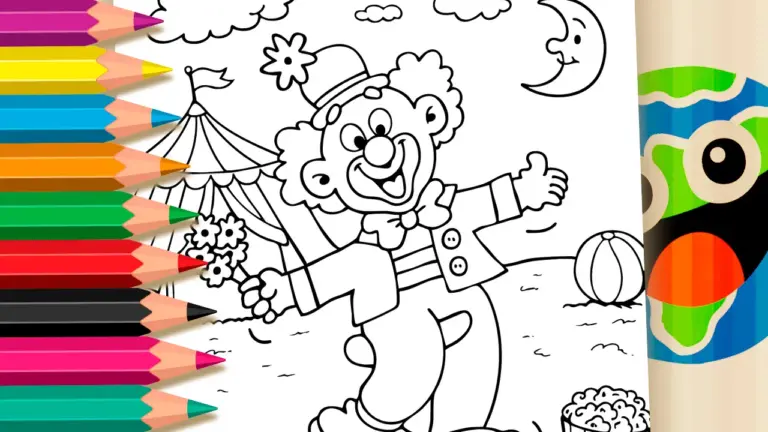 Circus Clown on a Unicycle Theme Coloring Page – Paint Online or Print Free PDF - Famous Characters Coloring Pages
