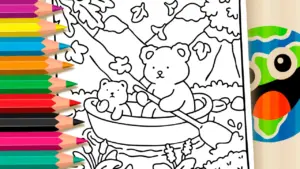 Coloring page Cute Bear and Falling Leaves Coloring Page: Paint Online or Print PDF Free