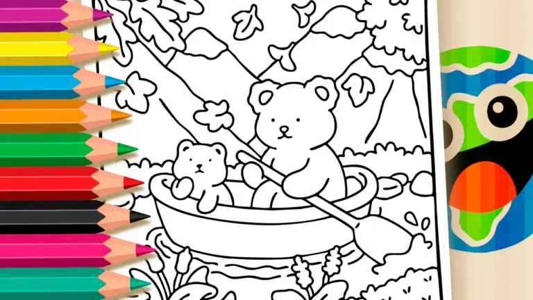 Cute Bear and Falling Leaves Coloring Page: Paint Online or Print PDF Free - Cute & Kawaii Coloring Pages Online