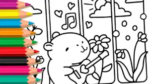 Coloring page Cute Capybara Playing Love Music Coloring Page: Paint Online or Print in High Quality