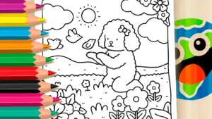 Coloring page Cute Poodle Coloring Page in a Beautiful Field