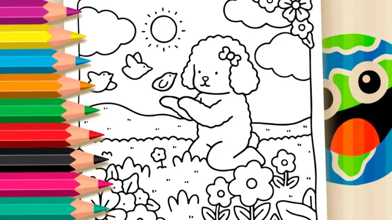 Cute Poodle Coloring Page in a Beautiful Field - Cute & Kawaii Coloring Pages Online