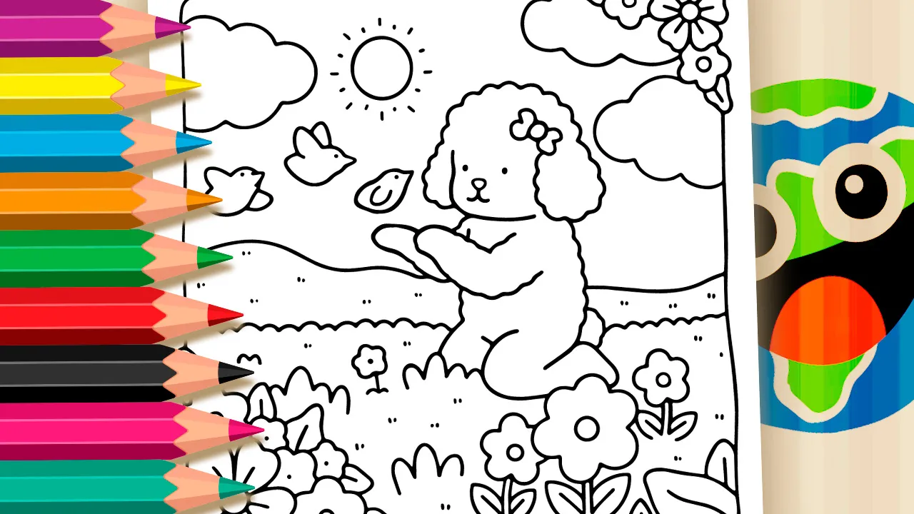 Cute poodle puppy sitting in a flower-filled field coloring page black and white outline