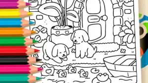 Coloring page Cute Puppies and Ducklings Theme Coloring Page: Paint Online or Print Free