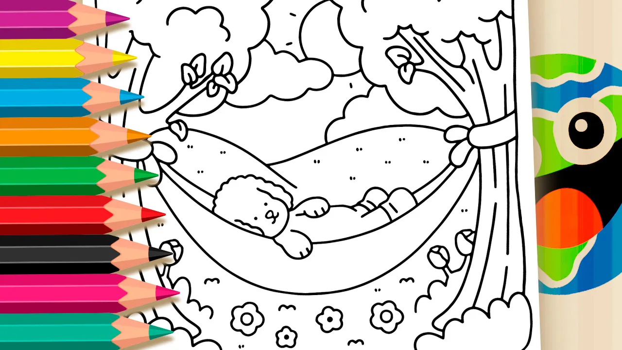 Cute puppy relaxing in a hammock coloring page black and white line art