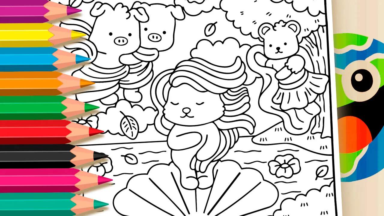 Cute Venus coloring page featuring a kawaii character standing on a large seashell surrounded by flying piglets and a bear holding a floral cloak black and white outline