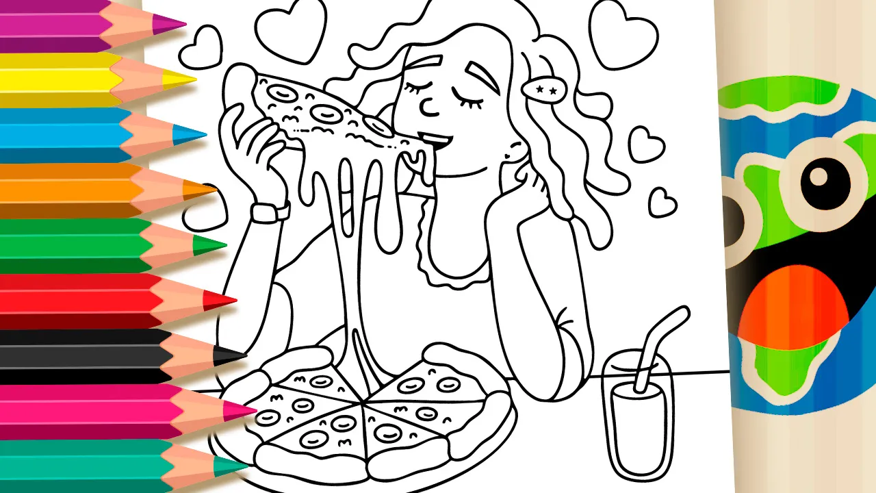 Do You Love Pizza coloring page featuring a happy girl enjoying a slice with melted cheese stretching