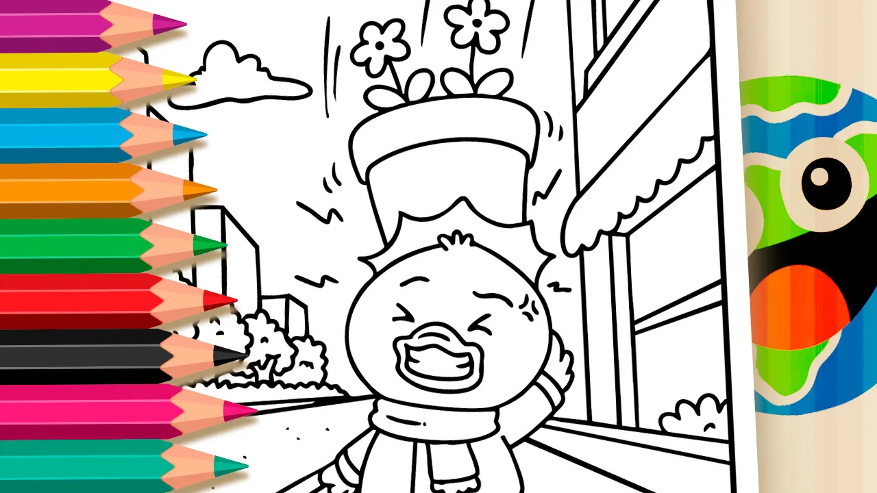 Duck with plant pot on head coloring page black and white outline showing an urban scene with buildings and trees